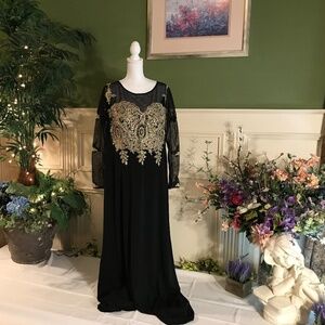 Formal evening black and gold embroidered dress with sleeves